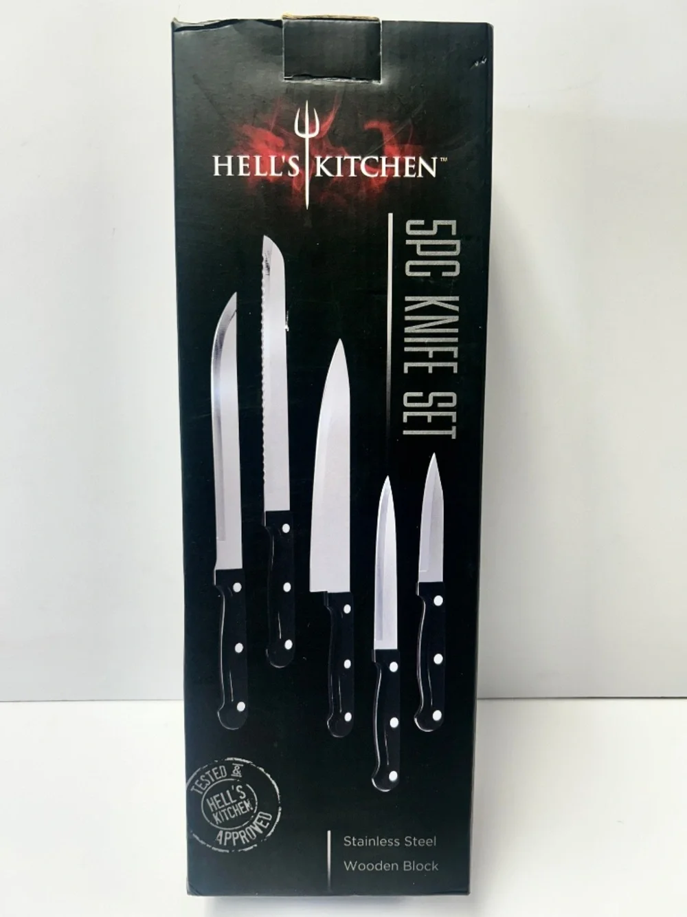 Hells Kitchen Stainless Steel 5 Pc Knife Set In Black Wooden Block Set NIB